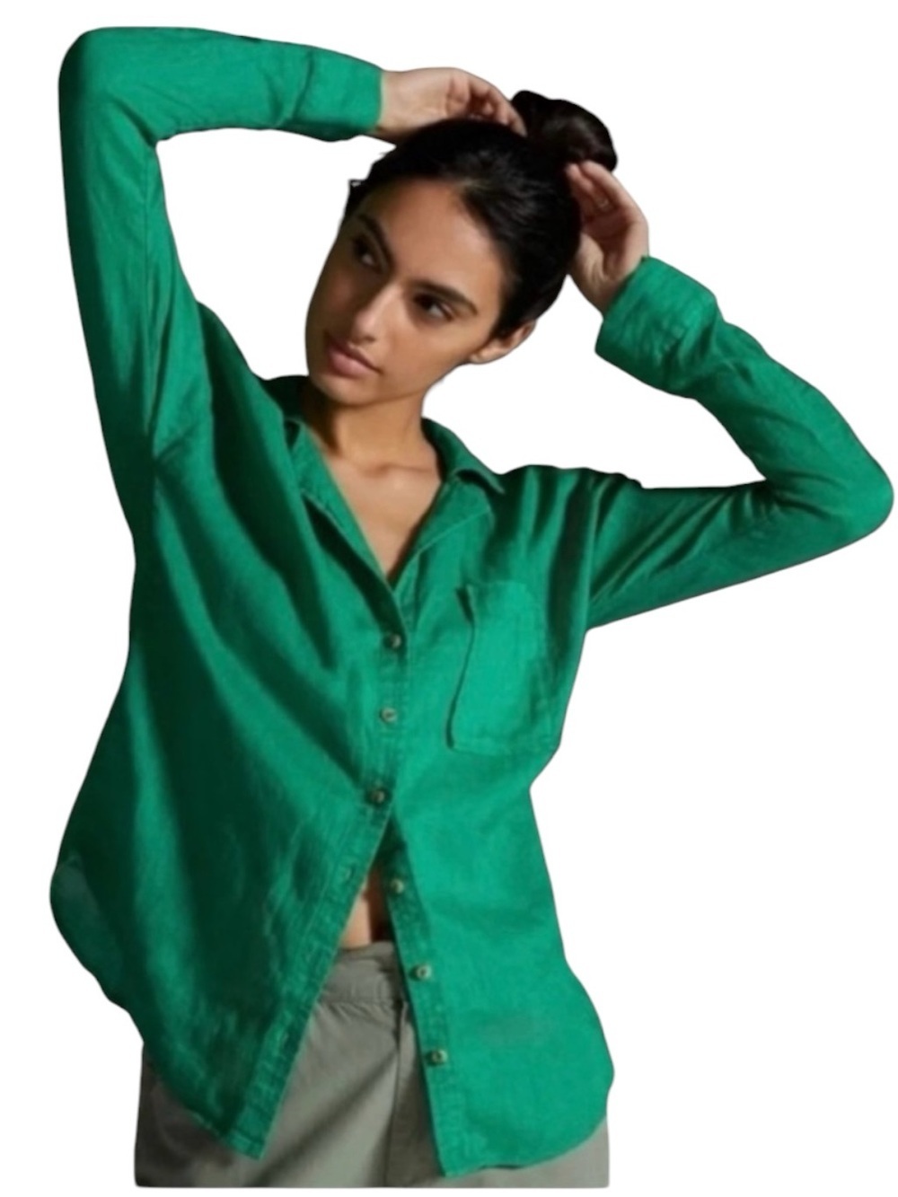 Maeve Button Down Linen Shirt Kelly Green Sz XS Oversized Anthropologie Ruched